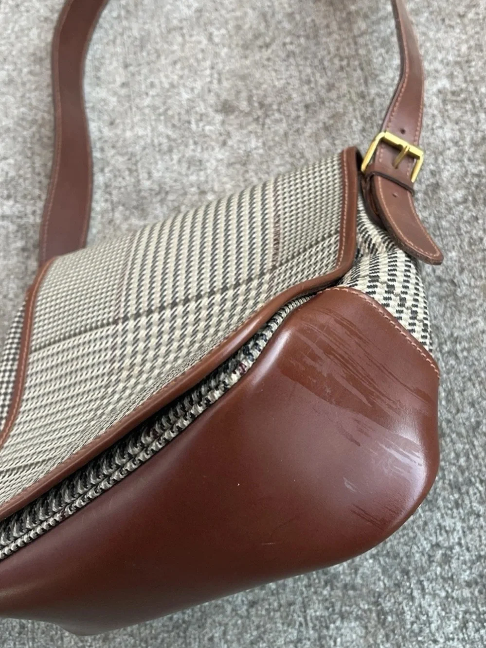 VTG 90s Ralph Lauren Houndstooth Tweed Leather Crossbody Bag Fall Dark Academia